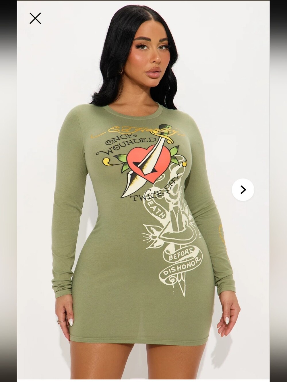 Ed Hardy Olive Long-Sleeve Tattoo Graphic Mini Dress